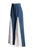 Blue Casual Daily Patchwork Contrast High Waist Boot Cut Denim Jeans