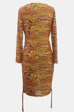 Orange Sexy Stripe Draw String Patchwork O Neck Wrapped Skirt Plus Size Dresses