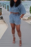 Light Blue Casual Rhinestone Patchwork Turndown Collar Half Sleeve High Waist Regular Denim Tops
