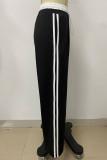 Black Casual Draw String Pocket Patchwork Contrast Loose Mid Waist Straight Patchwork Bottoms