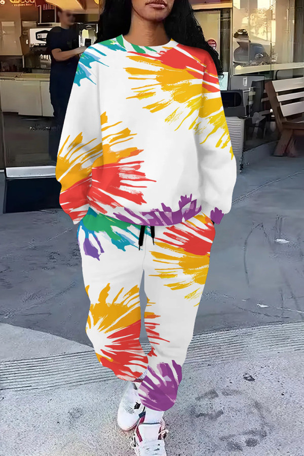 White Casual Print Pocket Patchwork O Neck Long Sleeve Two Pieces