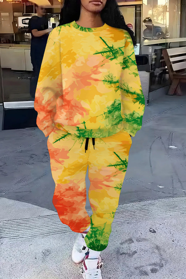 Orange Yellow Casual Print Pocket Patchwork O Neck Long Sleeve Two Pieces