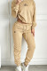Khaki Casual Letters Draw String Pocket Patchwork O Neck Long Sleeve Two Pieces