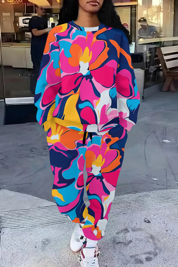 Multicolor Casual Print Pocket Patchwork O Neck Long Sleeve Two Pieces