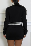 Black Casual Pocket Patchwork Zipper Contrast Zipper Collar Wrapped Skirt Dresses