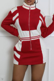 Black Casual Pocket Patchwork Zipper Contrast Zipper Collar Wrapped Skirt Dresses