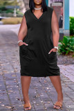 Grey Fashion Casual Solid Pocket V Neck Vest Dress