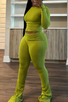 Green Yellow Casual Solid Color Ruched O Neck Long Sleeve Two Pieces