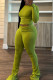 Green Yellow Casual Solid Color Ruched O Neck Long Sleeve Two Pieces