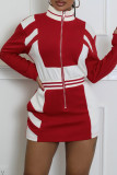 Black Casual Pocket Patchwork Zipper Contrast Zipper Collar Wrapped Skirt Dresses