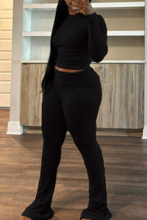 Black Casual Solid Color Ruched O Neck Long Sleeve Two Pieces