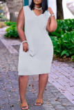 Grey Fashion Casual Solid Pocket V Neck Vest Dress