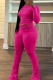 Rose Red Casual Solid Color Ruched O Neck Long Sleeve Two Pieces