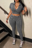 Grey Casual Solid Color Patchwork Deep V Neck Short Sleeve Two Pieces