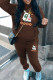 Brown Casual Print Pocket Patchwork Hooded Long Sleeve Two Pieces