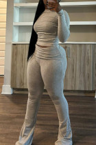Light Gray Casual Solid Color Ruched O Neck Long Sleeve Two Pieces