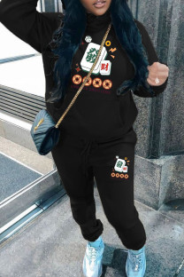 Black Casual Print Pocket Patchwork Hooded Long Sleeve Two Pieces