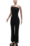 Black Casual Solid Color Sequins Patchwork Backless Spaghetti Strap Regular Jumpsuits