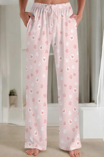 Pink Casual Print Draw String Pocket Patchwork Loose Mid Waist Straight Full Print Bottoms