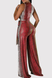 Red Casual Print Patchwork Strap Design Deep V Neck Loose Jumpsuits
