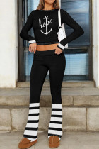 Black Casual Street Letter Print Stripe O Neck Long Sleeve Two Pieces