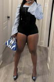 Blue Casual Stripe Patchwork Cross Straps Off Shoulder Long Sleeve Two Pieces