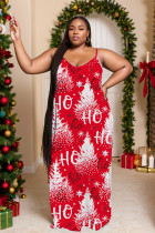 Red Casual Print Backless Spaghetti Strap Long Dresses