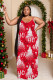 Red Casual Print Backless Spaghetti Strap Long Dresses