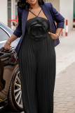 Red Casual Solid Color Patchwork Flower Shape Spaghetti Strap Loose Jumpsuits