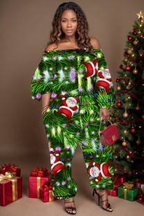 Green Casual Santa Claus Print Backless Off Shoulder Regular Jumpsuits