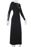 Black Sexy Solid Color Hollow Out Patchwork Cross Straps Deep V Neck Long Dresses
