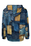 Baby Blue Casual Street Faux Denim Print Draw String Pocket Hooded Tops