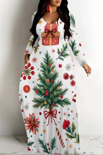 White Casual Print Basic V Neck Long Dresses