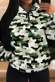 Camouflage Casual Camouflage Print Draw String Pocket Patchwork Hooded Tops