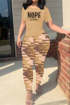 Khaki Casual Street Plaid Letter Print Contrast O Neck Short Sleeve Two Pieces
