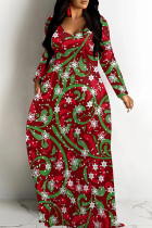 Red Casual Print Basic V Neck Long Dresses