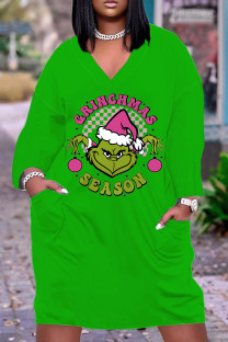 Green Casual Cartoon Print Pocket Basic V Neck Long Sleeve Plus Size Dresses