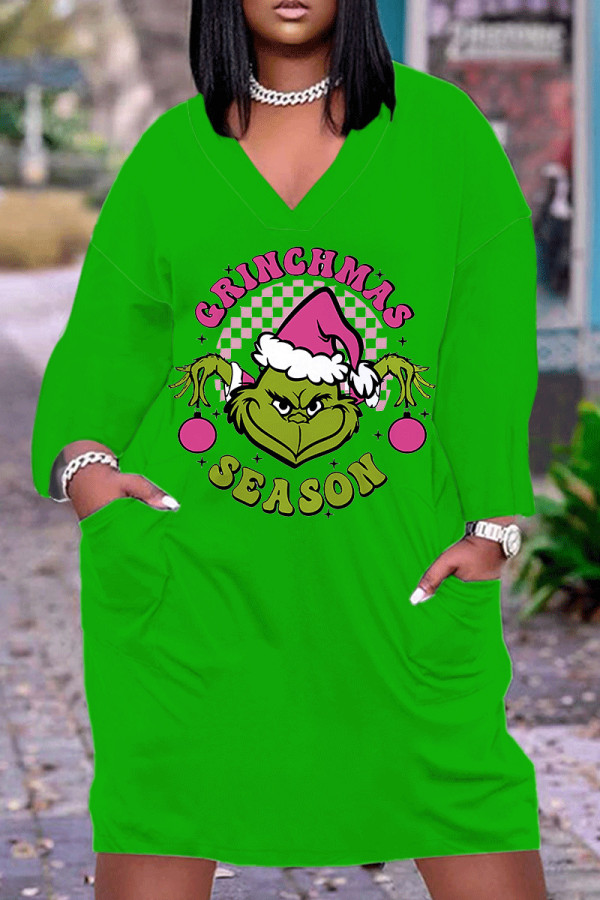 Green Casual Cartoon Print Pocket Basic V Neck Long Sleeve Plus Size Dresses