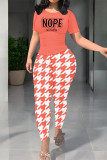 Khaki Casual Street Plaid Letter Print Contrast O Neck Short Sleeve Two Pieces