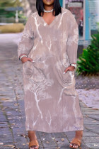 Light Coffee Casual Floral Print Pocket V Neck Long Plus Size Dresses