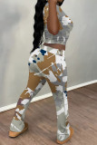 Light Gray Casual Street Camouflage Print Polka Dot Contrast O Neck Short Sleeve Two Pieces