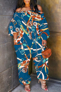 Blue Casual Print Backless Off Shoulder Regular Jumpsuits