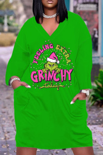 Green Pink Casual Cartoon Print Pocket Basic V Neck Long Sleeve Plus Size Dresses