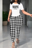 Khaki Casual Street Plaid Letter Print Contrast O Neck Short Sleeve Two Pieces