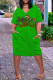 Green Casual Letter Print Pocket V Neck Short Sleeve Plus Size Dresses
