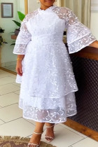 White Elegant Solid Color Patchwork Mesh Zipper O Neck Long Dresses