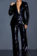Black Casual Solid Color Sequins Buttons Patchwork Turndown Collar Long Sleeve Two Pieces
