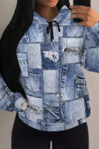 Baby Blue Casual Street Faux Denim Print Draw String Pocket Hooded Tops
