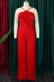 Red Casual Solid Color Patchwork Flower Shape Spaghetti Strap Loose Jumpsuits