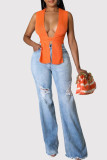Blue Casual Solid Color Ripped Pocket Patchwork Mid Waist Boot Cut Denim Jeans